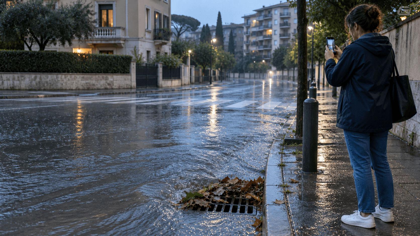 Una persona segnala una caditoia ostruita dopo un temporale