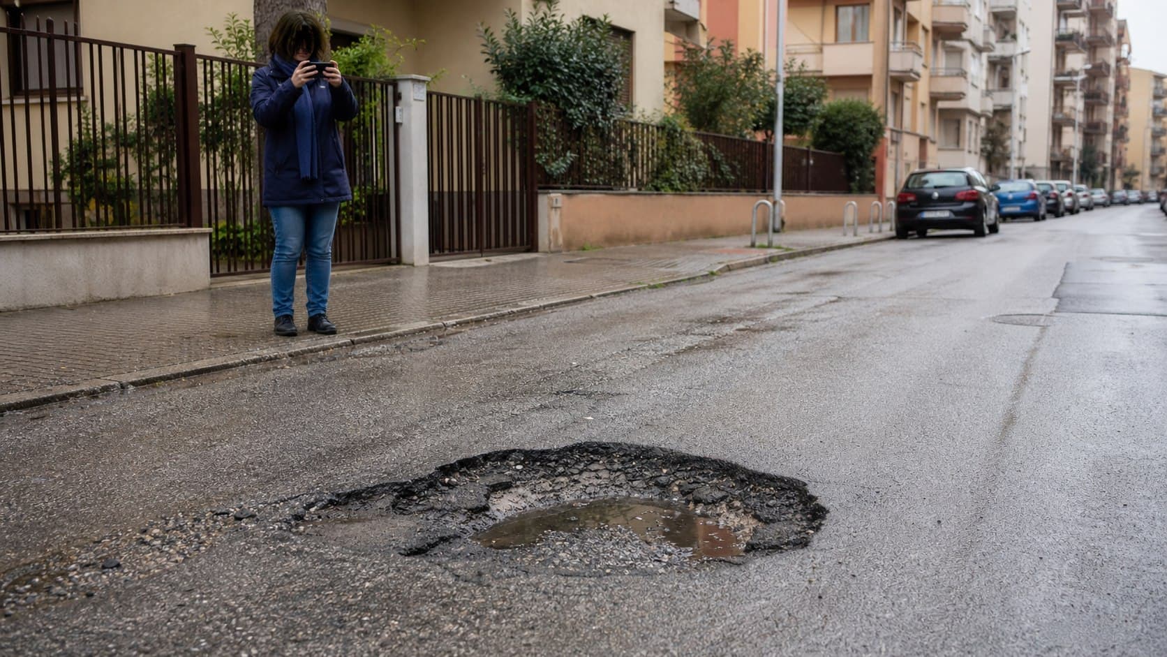 Una cittadina fotografa in sicurezza una buca stradale