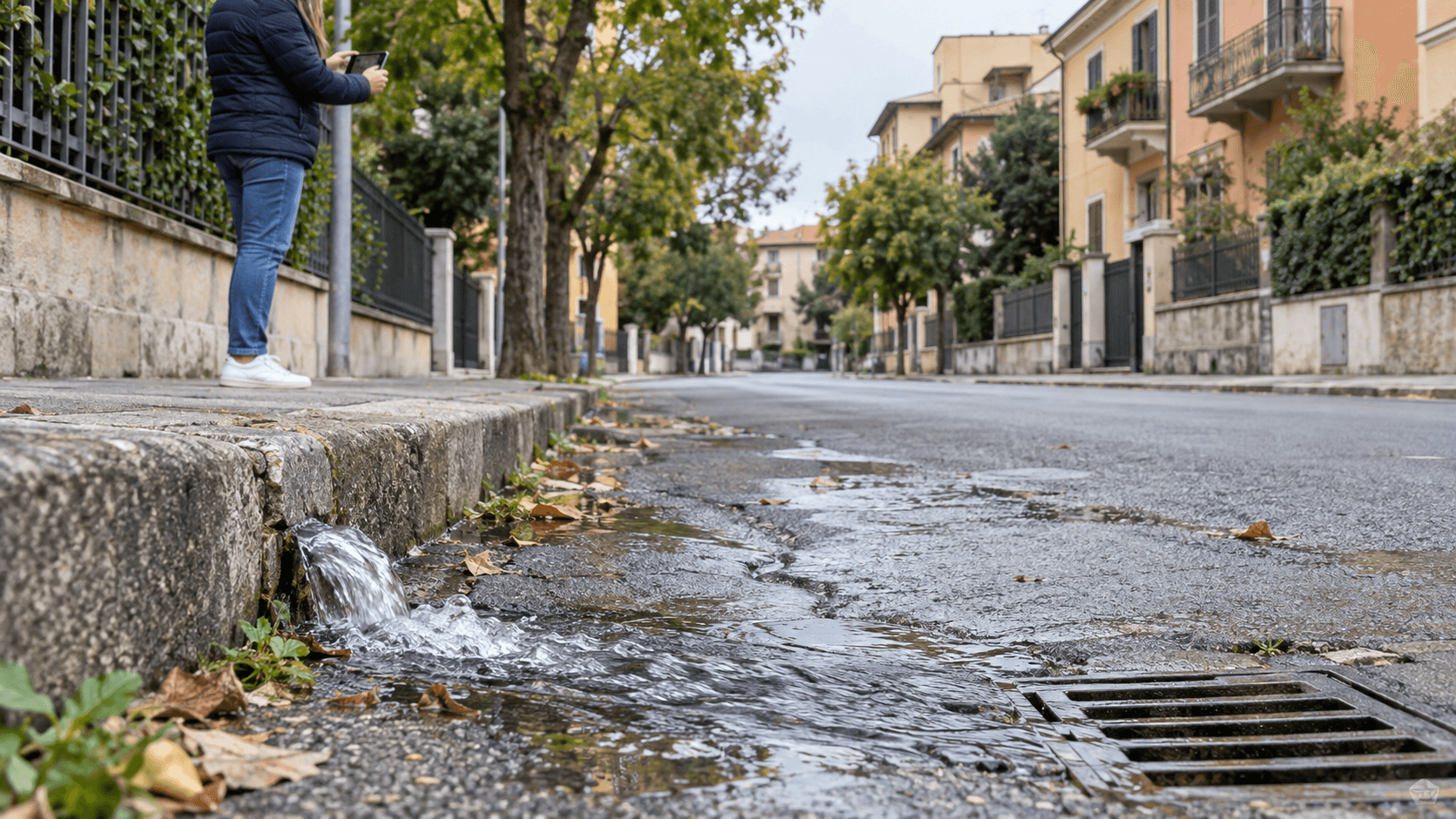 Una perdita d'acqua in strada